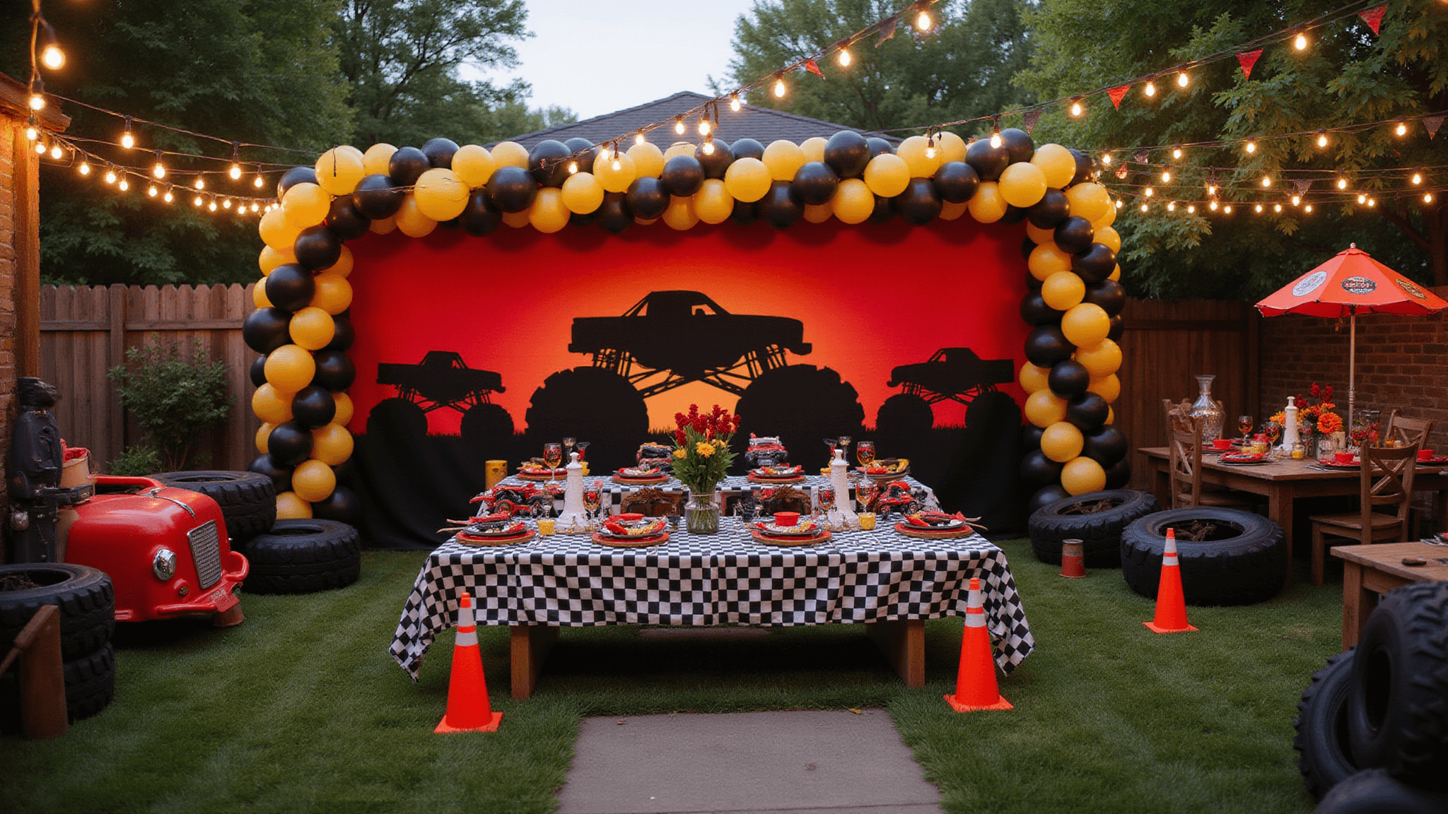 A vibrant Monster Truck birthday party setup in a backyard during golden hour, featuring oversized truck silhouettes, checkered picnic table settings, inflatable tires, and colorful decorations with warm lighting.