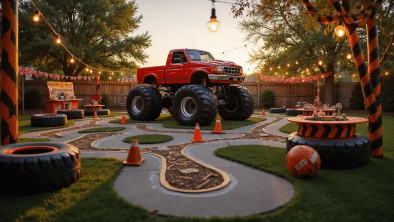 A vibrant backyard transformed into a monster truck birthday party arena, featuring an inflatable truck centerpiece, colorful balloon garlands, checkered bunting, and themed activity areas, all illuminated by warm golden hour lighting.