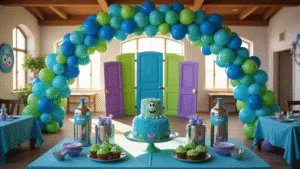 Photorealistic interior scene of a Monsters Inc themed birthday party, featuring a vibrant balloon arch in aqua blue, lime green, and purple, a colorful DIY door station backdrop, an elegant dessert table with a Sully-inspired tiered cake and Mike Wazowski cupcakes, custom "scream canister" drink stations, and themed table settings, all enhanced by soft golden hour lighting and intricate details in 8K resolution.