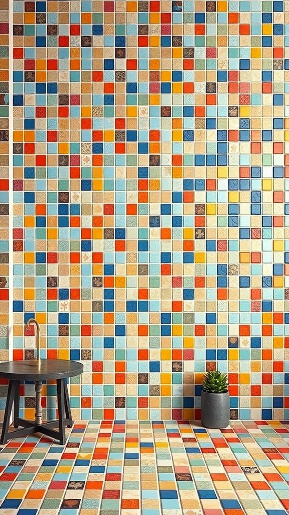 Colorful mosaic tile wall with a black table and a potted plant.