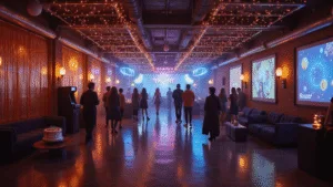 Cinematic wide-angle shot of a vibrant multi-themed teenage birthday party featuring distinct zones, including a neon-lit glow area, a retro 80s corner, and a modern lounge, with string lights, a professional DJ booth, and a luxury dessert station, all beautifully illuminated at golden hour.