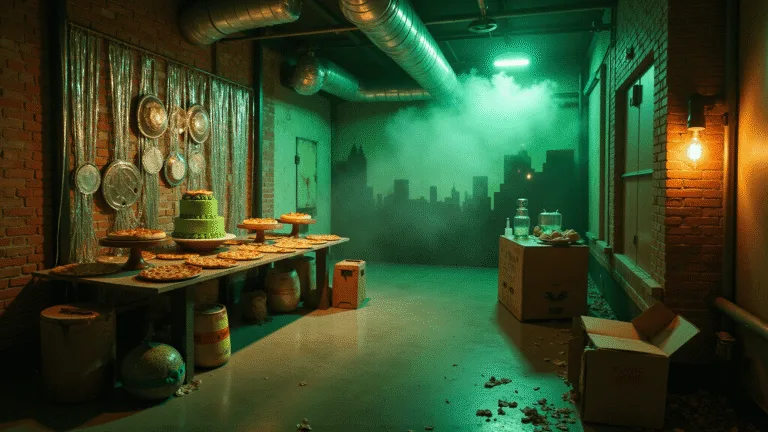 A vibrant, photorealistic party scene styled as a Teenage Mutant Ninja Turtles lair, featuring a pizza-themed cake, rustic wooden boards with real pizzas, green ambient lighting, sewer lid decorations, and a craft station for making ninja masks, all set against a custom NYC skyline backdrop during golden hour.