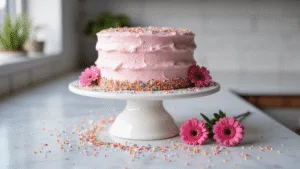 Photorealistic three-tiered pastel pink birthday cake on a white ceramic stand, adorned with rainbow sprinkles, featuring detailed buttercream texture and visible vanilla layers, set against a blurred marble countertop with scattered sprinkles and fresh pink flowers.