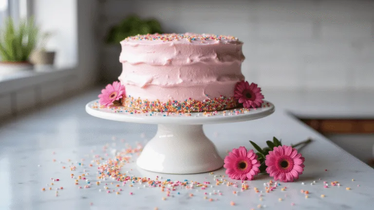 Photorealistic three-tiered pastel pink birthday cake on a white ceramic stand, adorned with rainbow sprinkles, featuring detailed buttercream texture and visible vanilla layers, set against a blurred marble countertop with scattered sprinkles and fresh pink flowers.