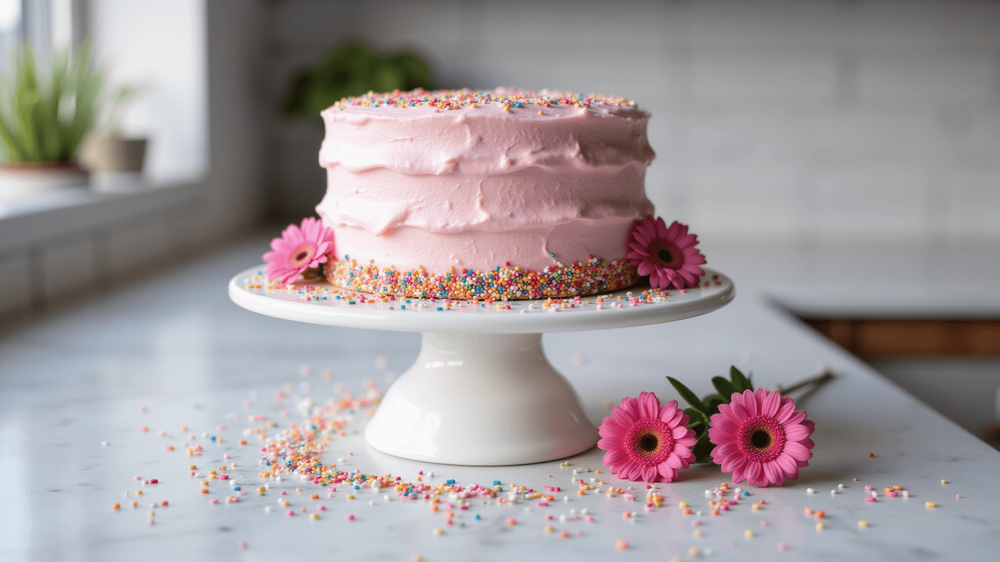 Photorealistic three-tiered pastel pink birthday cake on a white ceramic stand, adorned with rainbow sprinkles, featuring detailed buttercream texture and visible vanilla layers, set against a blurred marble countertop with scattered sprinkles and fresh pink flowers.