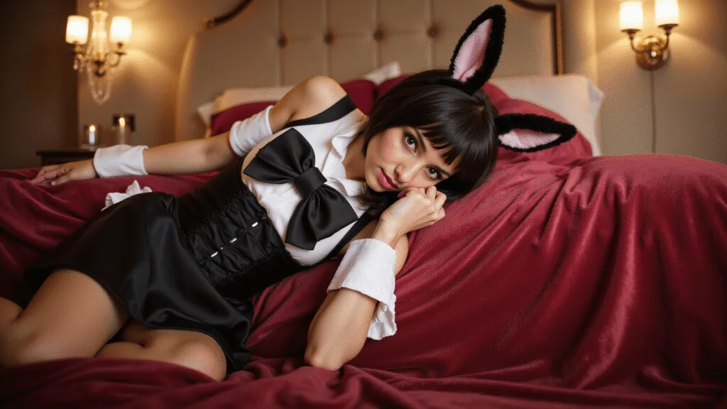 A playboy bunny costume featuring a black satin corset, white collar and cuffs, a bowtie, ears, and a tail, elegantly arranged on a vintage velvet bedspread, illuminated by soft chandelier lighting.