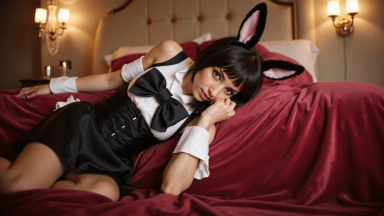 A playboy bunny costume featuring a black satin corset, white collar and cuffs, a bowtie, ears, and a tail, elegantly arranged on a vintage velvet bedspread, illuminated by soft chandelier lighting.