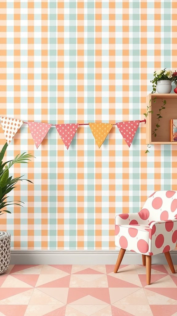 A cheerful room with coquette wallpaper featuring a pastel checkered pattern, colorful bunting, and a polka-dotted chair.