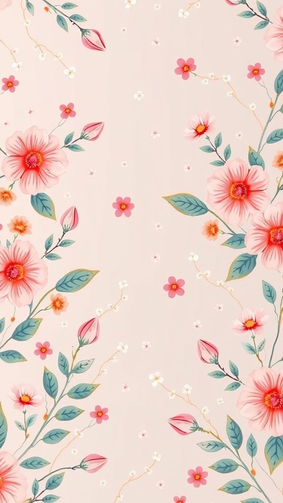 Colorful floral wallpaper featuring pink flowers and green leaves on a light background