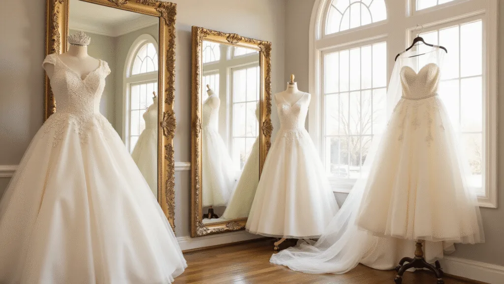 Elegant princess costumes in ballgowns displayed in a sunlit boutique dressing room, featuring vintage mirrors, crystal tiaras, and an ethereal golden light atmosphere.