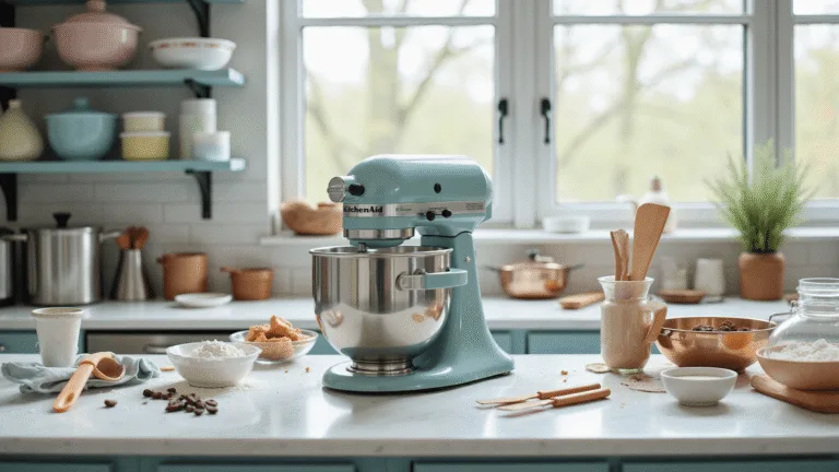A bright, professionally styled baking kitchen featuring a stainless steel KitchenAid stand mixer, pastel mixing bowls, measuring cups, and baking tools on marble countertops, with fresh ingredients in glass containers, captured in 8K resolution with soft natural light and a shallow depth of field.