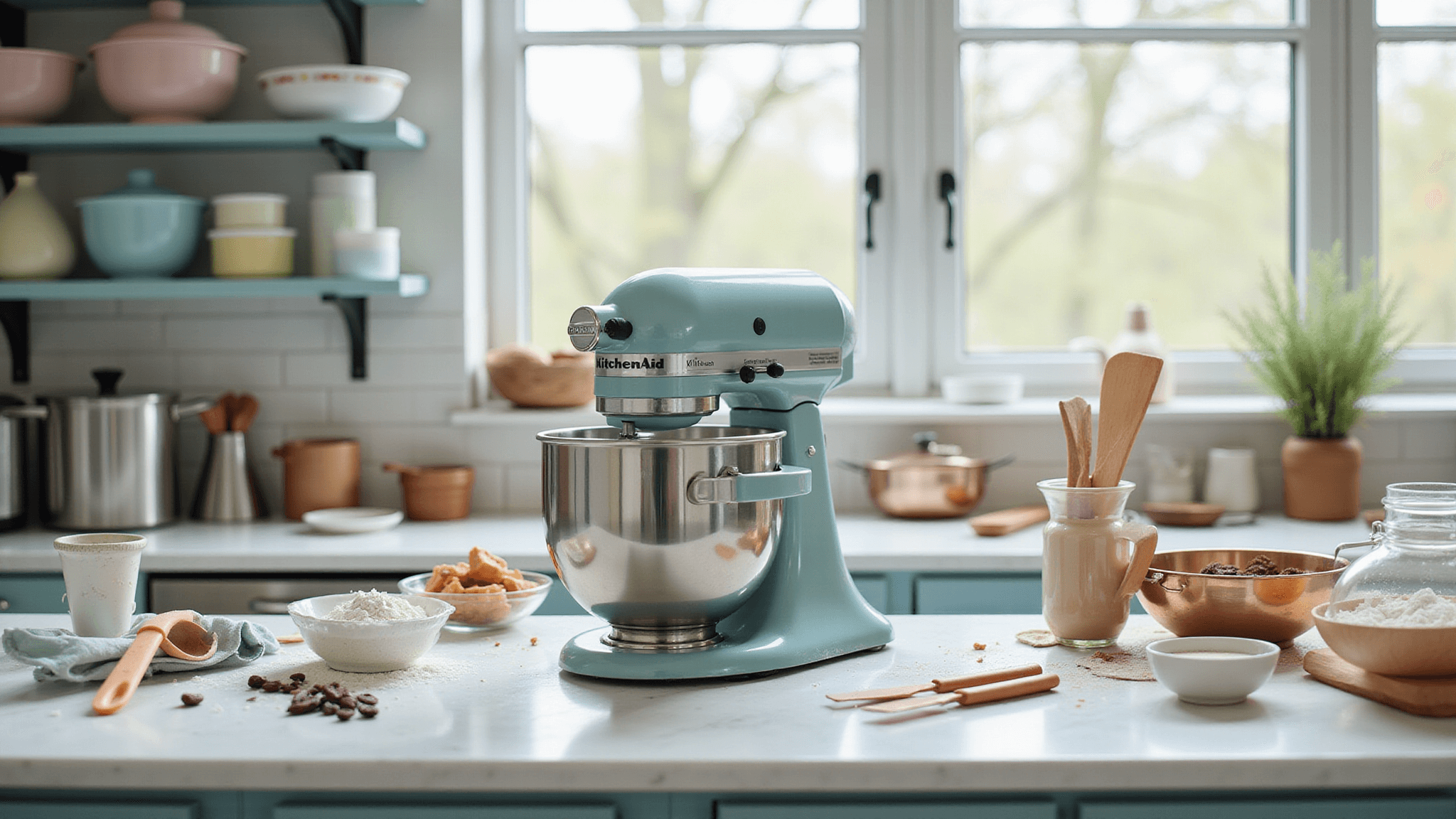 A bright, professionally styled baking kitchen featuring a stainless steel KitchenAid stand mixer, pastel mixing bowls, measuring cups, and baking tools on marble countertops, with fresh ingredients in glass containers, captured in 8K resolution with soft natural light and a shallow depth of field.
