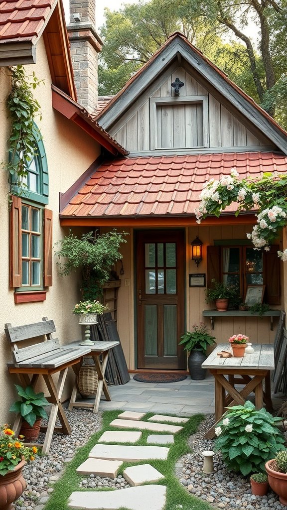 A quaint country cottage with a stone pathway, vibrant flowers, and rustic wooden furniture.