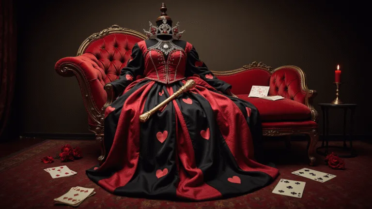 A dramatic Queen of Hearts costume on a Victorian chaise lounge, featuring a luxurious red and black gown with heart motifs, a crystal crown, and ornate scepter, surrounded by vintage playing cards and red roses, all presented in rich colors and soft lighting.
