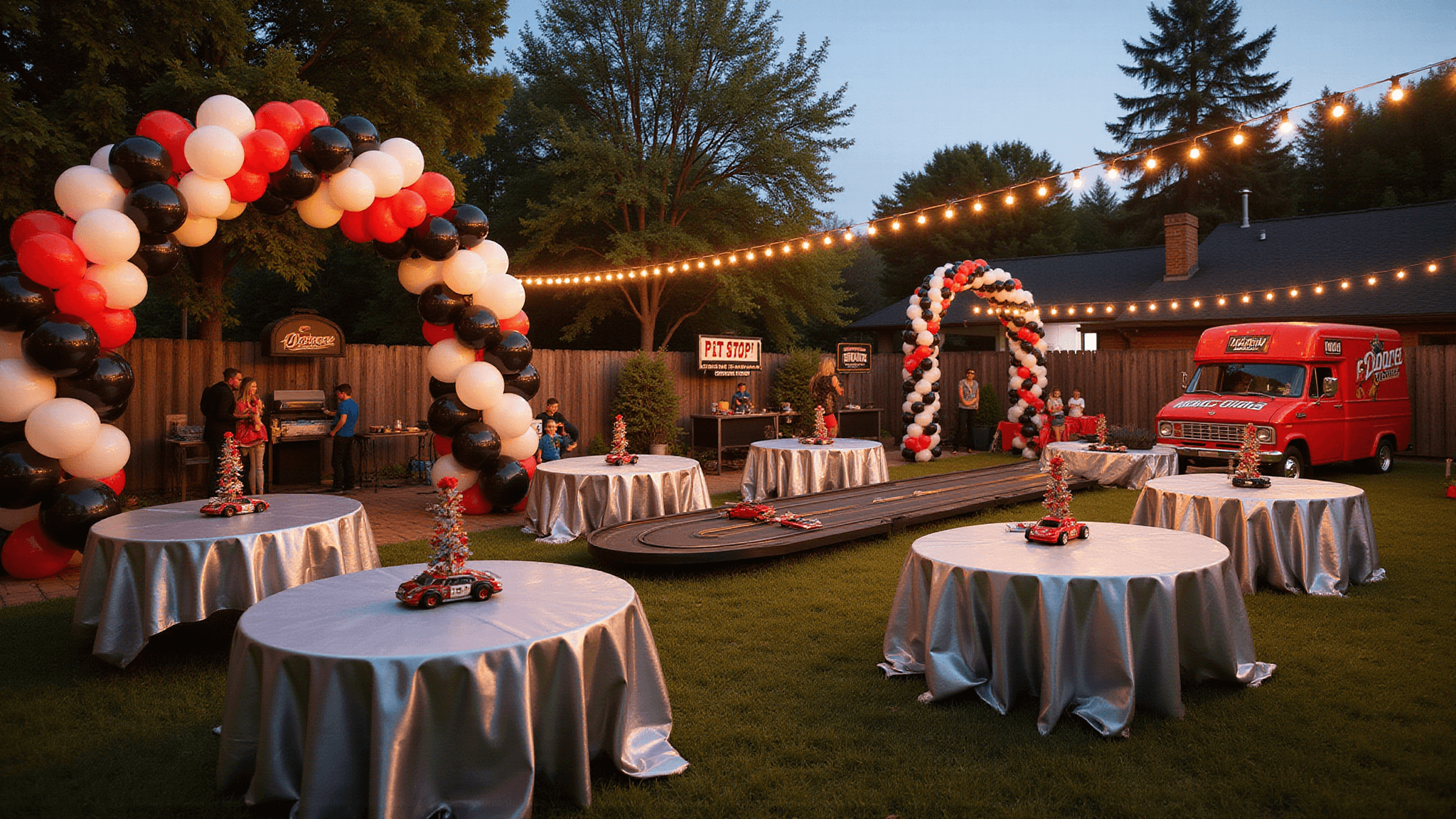 A vibrant backyard race car birthday party at golden hour, featuring a checkered flag archway, balloon garlands, racing-themed tables, a slot car track, and an atmospheric refreshment station with a vintage food truck.