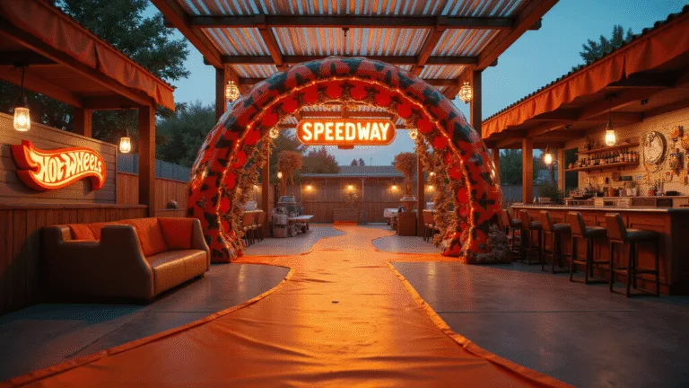Photorealistic wide-angle view of a backyard racing paradise at golden hour, featuring orange and black race tape pathways, a metallic balloon arch, LED tunnel tracks, checkered flag bunting, display platforms with Hot Wheels cars, a neon 'SPEEDWAY' sign, retro diner section, and warm ambient lighting, all captured in ultra-detailed 8K.