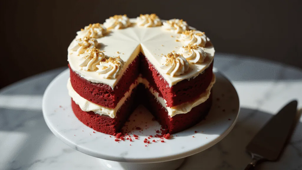 A luxurious two-layer red velvet cake adorned with smooth cream cheese frosting and gold leaf accents, sharply focused against a softly blurred background.