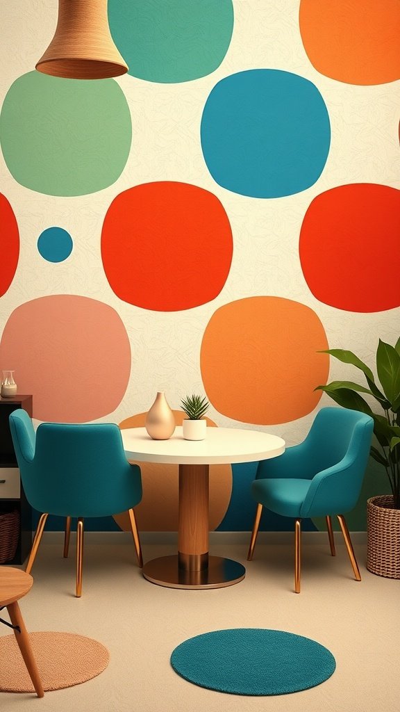 A cozy dining area with coquette wallpaper featuring large colorful geometric shapes.