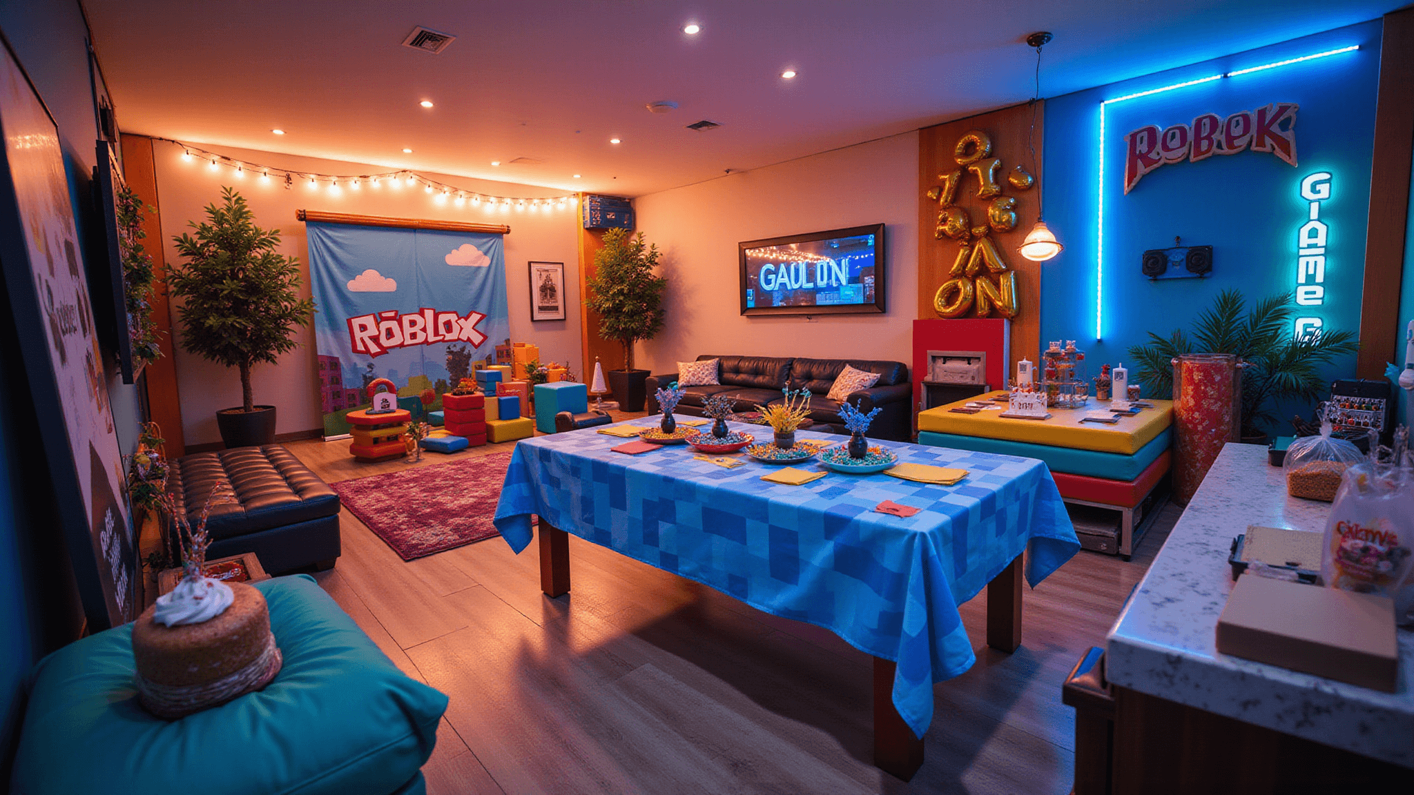 A vibrant modern living room transformed into a Roblox gaming party, featuring a blue and white pixelated tablecloth, geometric centerpieces, colorful balloons, a DIY foam obstacle course, ambient string lights, oversized character cutouts, a "GAME ON" banner, a cupcake decorating station, and pixel-themed party favors, all captured in cinematic detail with a shallow depth of field and bold primary colors.