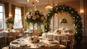 Wedding Flowers: Your Complete Guide to Creating Magical Moments A luxurious ballroom wedding reception at golden hour with elegant round tables featuring towering floral centerpieces of blush peonies and cream roses, surrounded by warm candlelight and ambient lighting.
