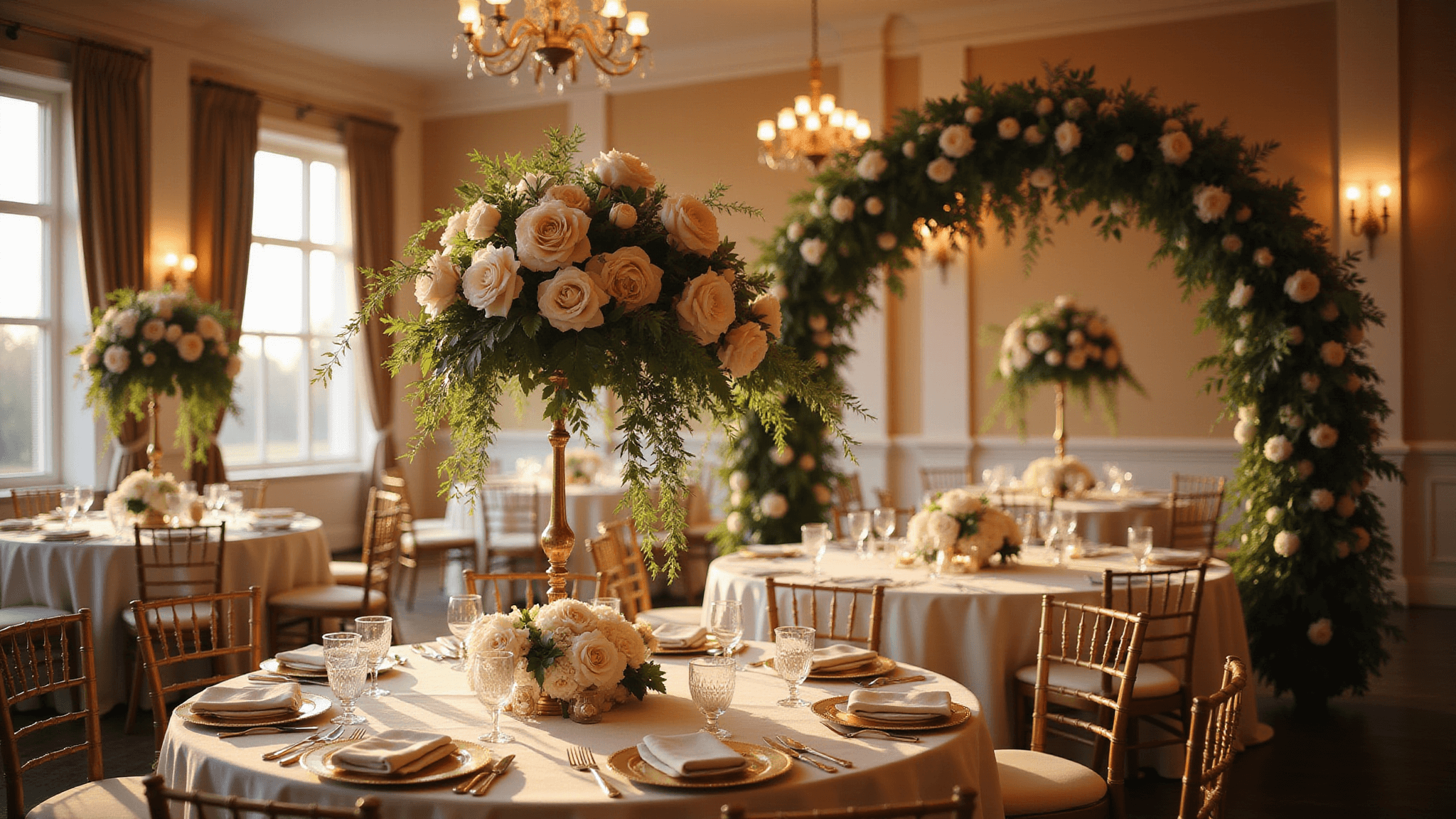 A luxurious ballroom wedding reception at golden hour with elegant round tables featuring towering floral centerpieces of blush peonies and cream roses, surrounded by warm candlelight and ambient lighting.