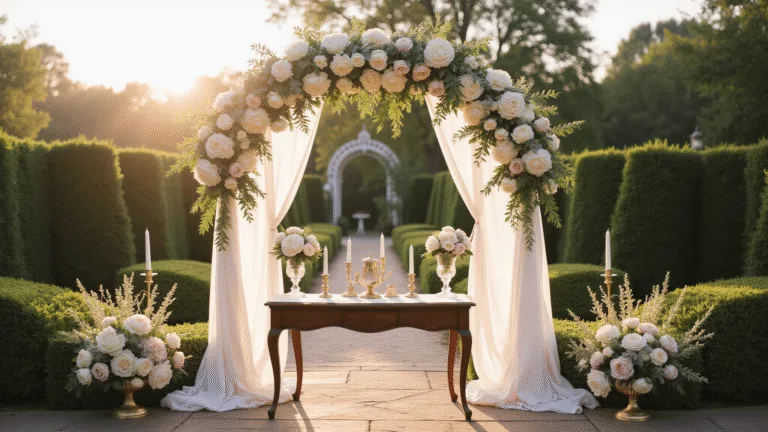 Cinematic wide-angle shot of an elegant wedding altar at golden hour, featuring a grand floral arch of white garden roses, blush pink peonies, and cream lilies, with vintage decorations and a dreamy, romantic ambiance.