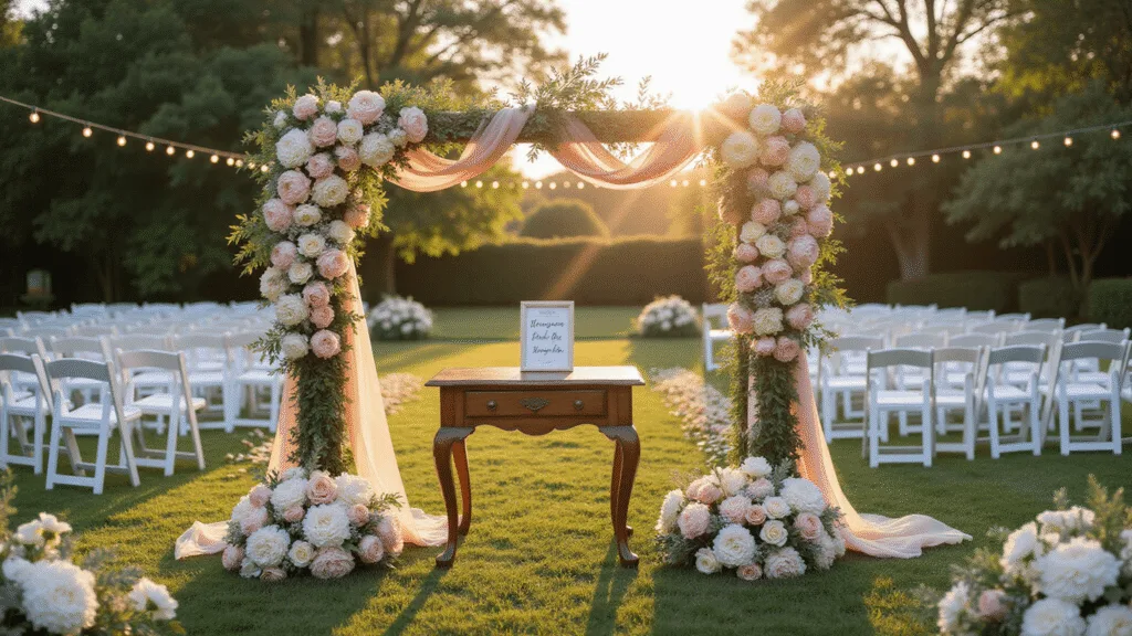 Photorealistic wide shot of a romantic garden wedding ceremony at golden hour featuring an ultra-detailed floral arch, cascading blush peonies, cream garden roses, white ranunculus, and silk ribbons, with a vintage welcome table, white crossback chairs, warm sunlight filtering through trees, and string lights creating a bokeh effect.