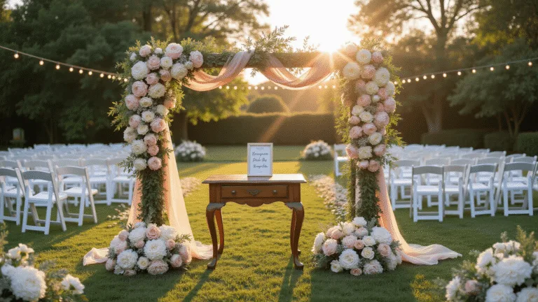 Photorealistic wide shot of a romantic garden wedding ceremony at golden hour featuring an ultra-detailed floral arch, cascading blush peonies, cream garden roses, white ranunculus, and silk ribbons, with a vintage welcome table, white crossback chairs, warm sunlight filtering through trees, and string lights creating a bokeh effect.