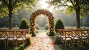 Cinematic wide-angle shot of a romantic garden wedding ceremony at golden hour, featuring a vintage floral arch with coral and peach roses, wooden cross-back chairs with floral bouquets, scattered rose petals on a stone pathway, and warm string lights, capturing a dreamy, ethereal atmosphere.
