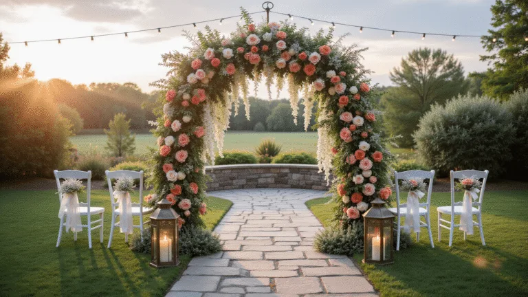 Cinematic garden wedding ceremony at sunset, featuring a floral arch with peonies and roses, lined with brass lanterns and wooden chairs, enhanced by twinkling string lights and a soft breeze.
