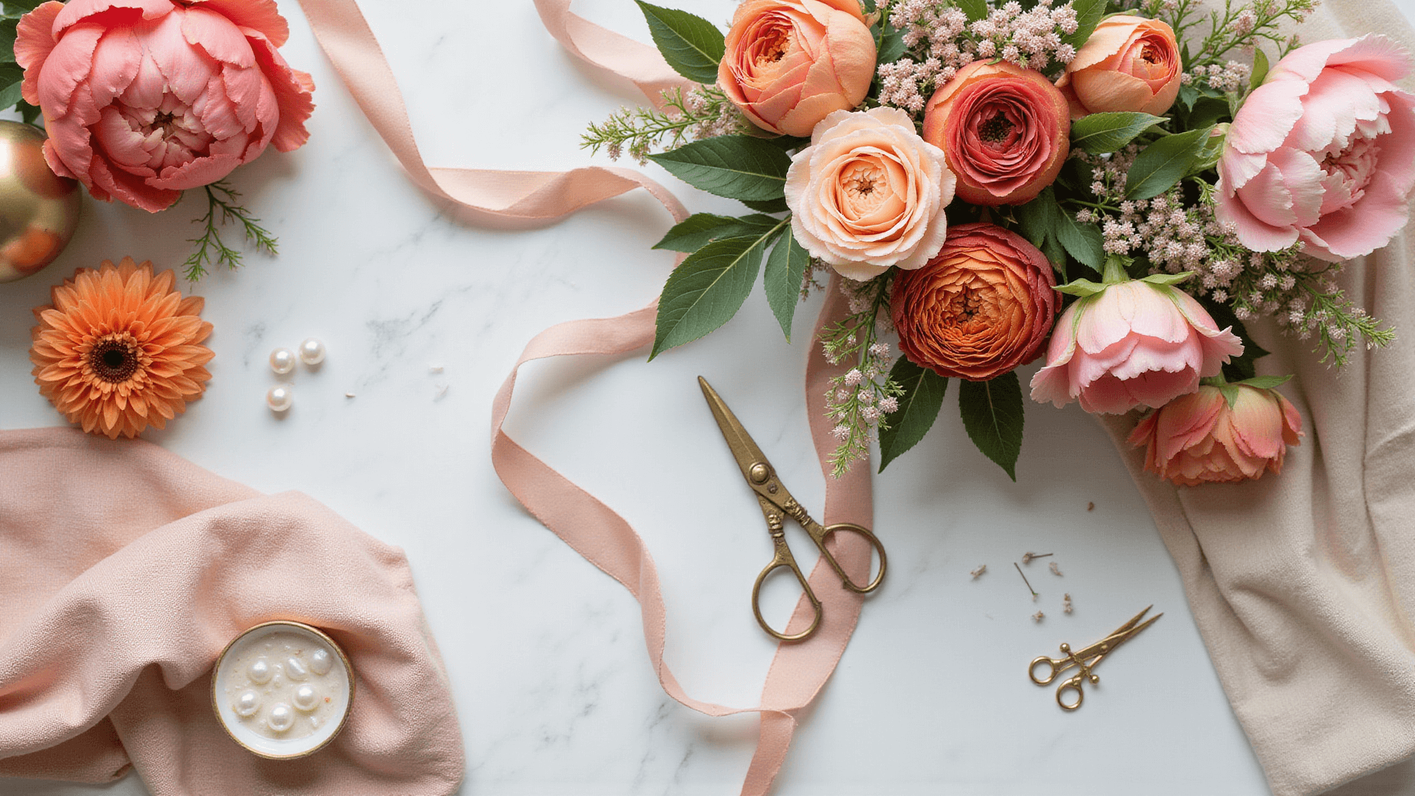 Aerial view of a luxurious wedding floral design workspace featuring coral charm peonies, blush garden roses, burnt orange dahlias, and peach ranunculus in vintage brass vessels, alongside floral tools and textured fabrics, all bathed in soft, diffused natural light.