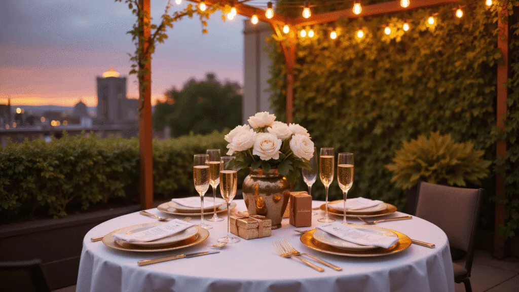 Romantic rooftop dinner setting at sunset, featuring a elegantly set table for two with white linens, gold-rimmed plates, crystal champagne flutes, and a floral centerpiece, surrounded by ambient string lights and a soft-focus city skyline.