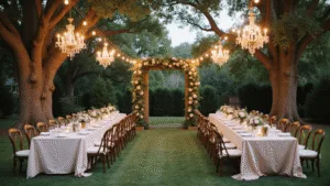 A romantic backyard wedding reception featuring fairy lights, chandeliers, and rustic decor, captured during golden hour with soft natural light and a shallow depth of field.
