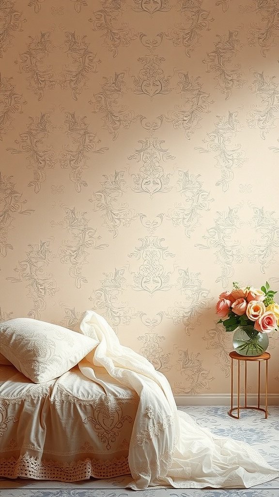 A cozy room featuring coquette wallpaper with lace overlays, a white blanket draped over a couch, and a bouquet of roses on a side table.