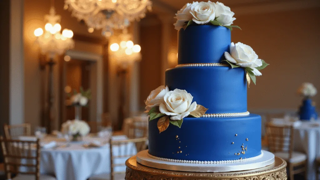Elegant 4-tier royal blue wedding cake with gold accents and white floral decorations, set against a soft-focus ballroom background, captured in golden hour lighting with photorealistic quality.