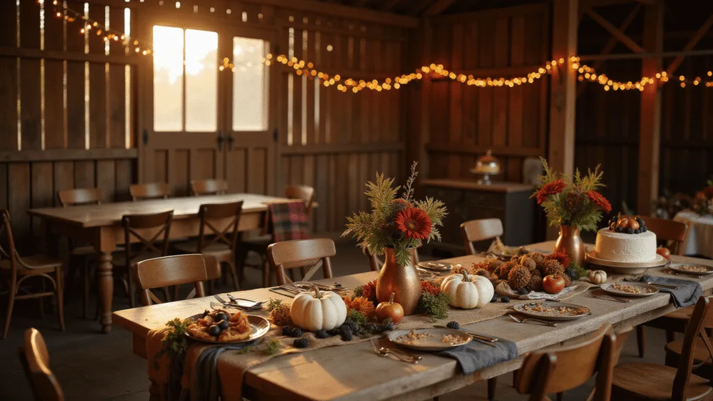 A warm, inviting barn interior decorated for a rustic fall birthday celebration, featuring a long farmhouse table with mini pumpkins and floral arrangements, a DIY pumpkin painting station, and a dessert table with a naked cake and mini pies, all under a canopy of string lights.