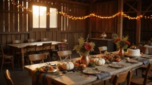 A warm, inviting barn interior decorated for a rustic fall birthday celebration, featuring a long farmhouse table with mini pumpkins and floral arrangements, a DIY pumpkin painting station, and a dessert table with a naked cake and mini pies, all under a canopy of string lights.