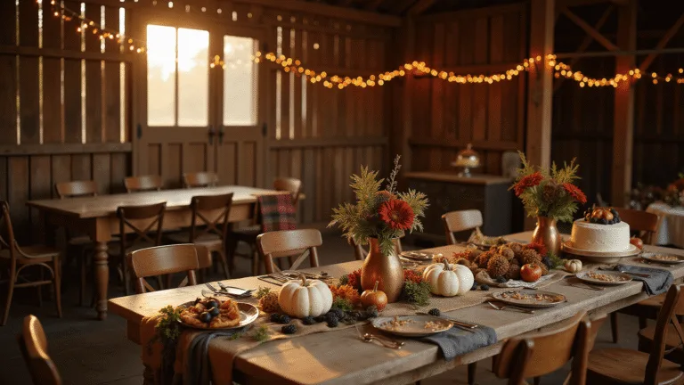 A warm, inviting barn interior decorated for a rustic fall birthday celebration, featuring a long farmhouse table with mini pumpkins and floral arrangements, a DIY pumpkin painting station, and a dessert table with a naked cake and mini pies, all under a canopy of string lights.
