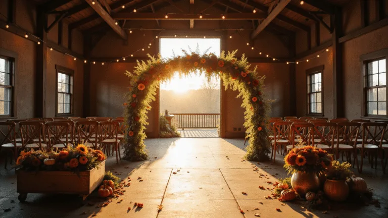 Rustic barn wedding ceremony at golden hour, featuring a grand floral arch of burgundy dahlias, sunflowers, and chrysanthemums, with wooden chairs and autumn arrangements, illuminated by bistro lights and soft sunlight.