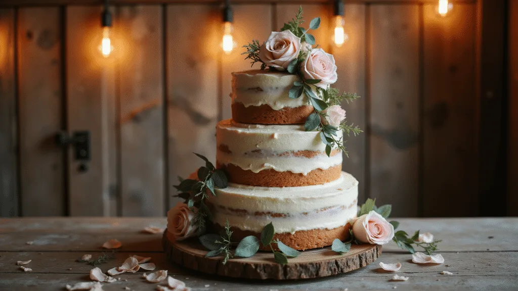 A photorealistic three-tiered naked vanilla wedding cake adorned with blush pink and cream garden roses, set on a weathered wooden cake stand against a barn wood backdrop, illuminated by warm golden hour lighting, with vintage Edison bulbs creating bokeh effects.