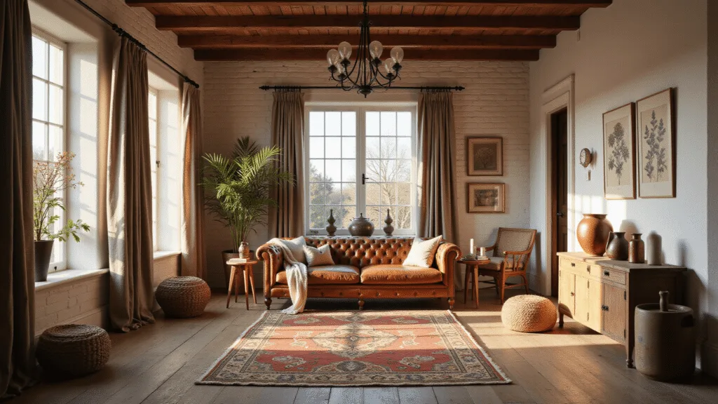 A sun-drenched rustic living room featuring reclaimed oak flooring, whitewashed brick walls, and a distressed leather Chesterfield sofa beneath timber beams and a wrought-iron chandelier, with layered Persian rugs, natural linen curtains, and decorative elements like handwoven baskets and vintage botanical prints.