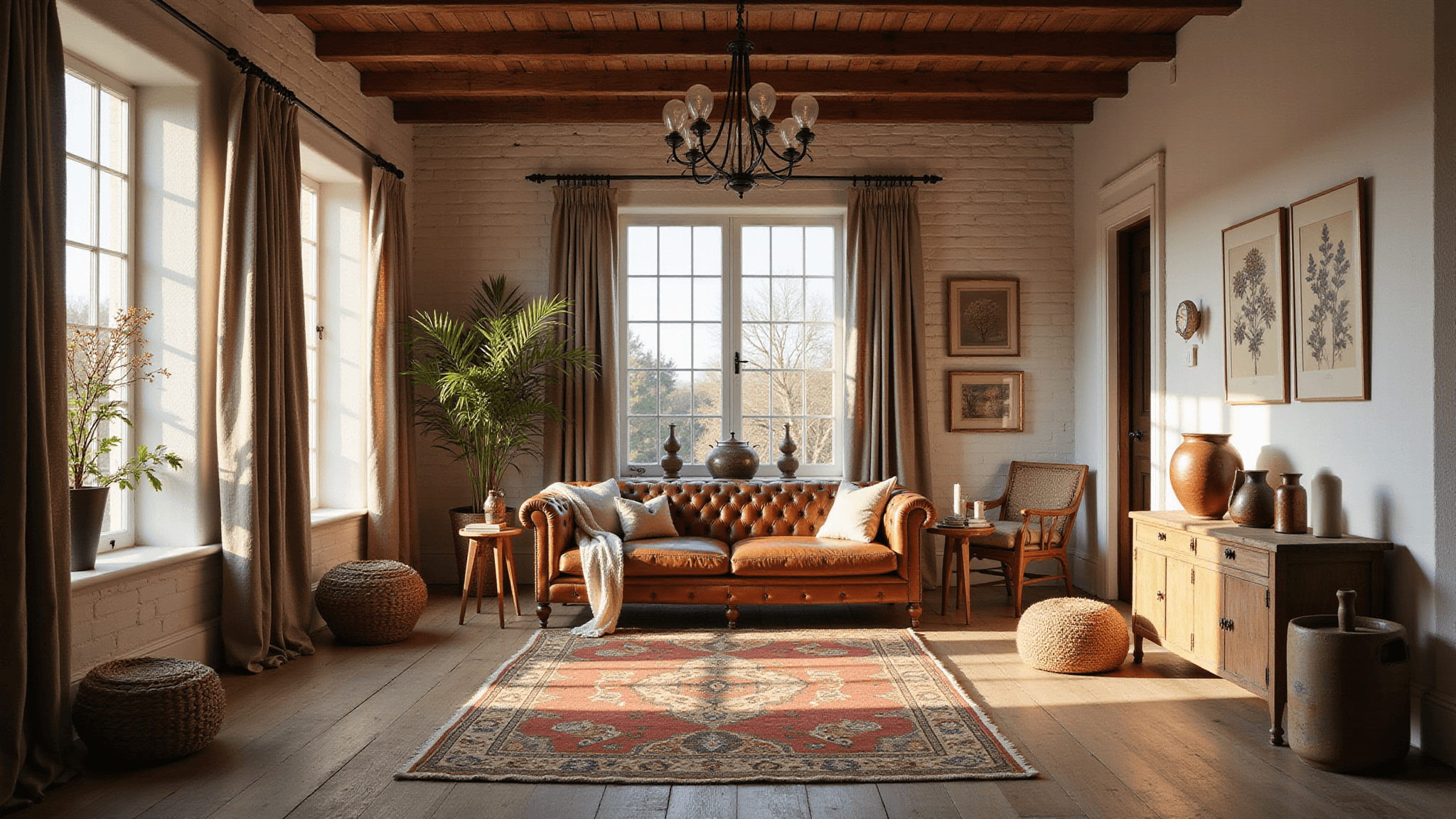 A sun-drenched rustic living room featuring reclaimed oak flooring, whitewashed brick walls, and a distressed leather Chesterfield sofa beneath timber beams and a wrought-iron chandelier, with layered Persian rugs, natural linen curtains, and decorative elements like handwoven baskets and vintage botanical prints.