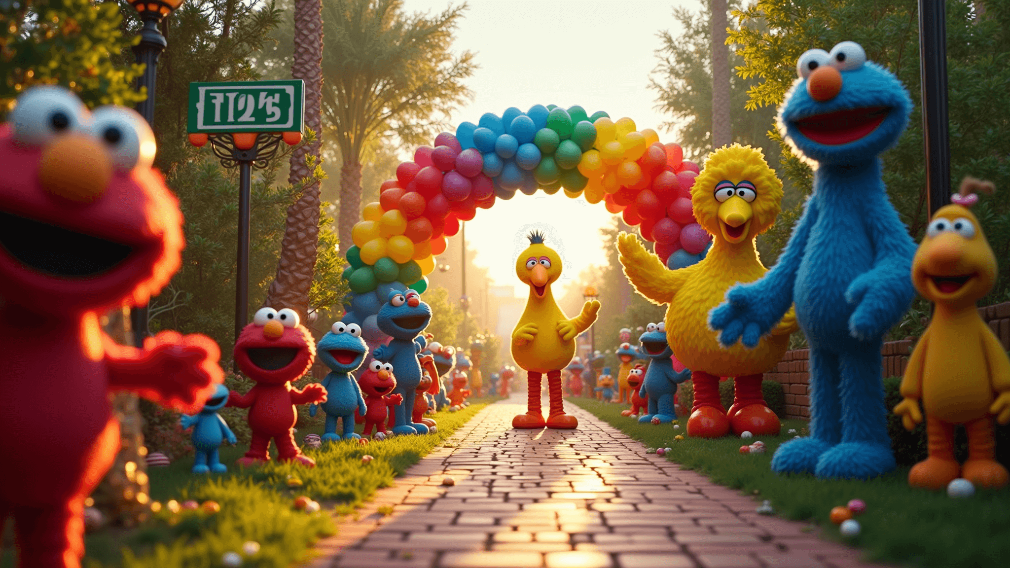 Photorealistic wide-angle shot of a vibrant Sesame Street-themed party entrance with a handmade lamp post sign, rainbow balloon arch, life-sized character standees, warm sunlight casting shadows, and foreground scattered alphabet blocks, captured from a child's eye level.
