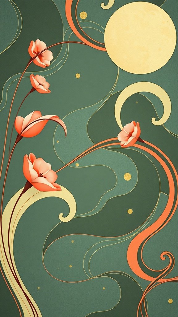 Art Nouveau inspired wallpaper featuring flowing designs and floral motifs
