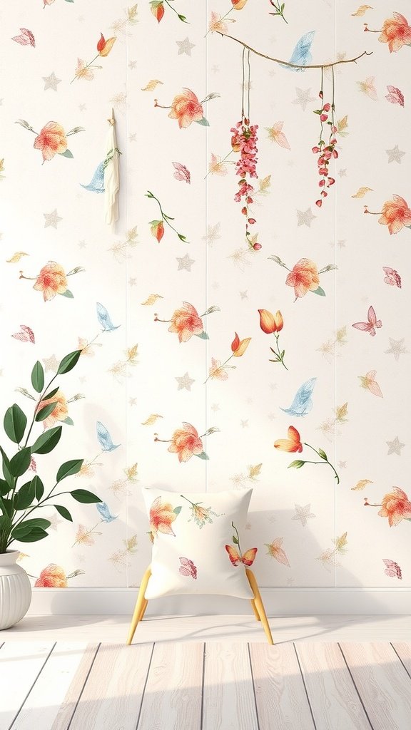 A wall with coquette wallpaper featuring soft watercolor washes of flowers and butterflies.