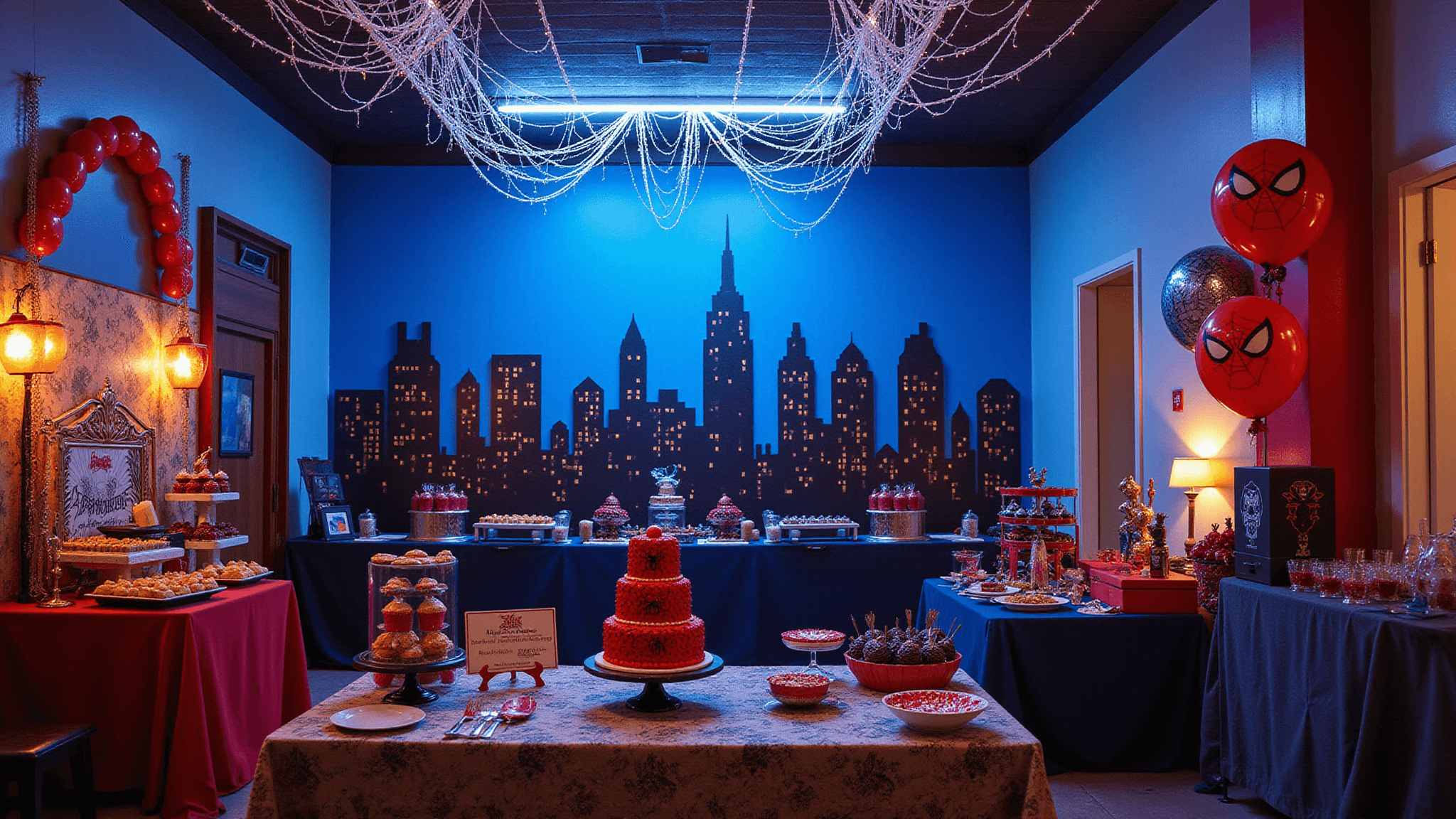 A vibrant indoor Spider-Man birthday party scene featuring a towering NYC skyline backdrop, intricate yarn webs, a 3-tier Spider-Man cake, and dynamic red and blue balloon arches, all captured in dramatic lighting and hyperrealistic detail.