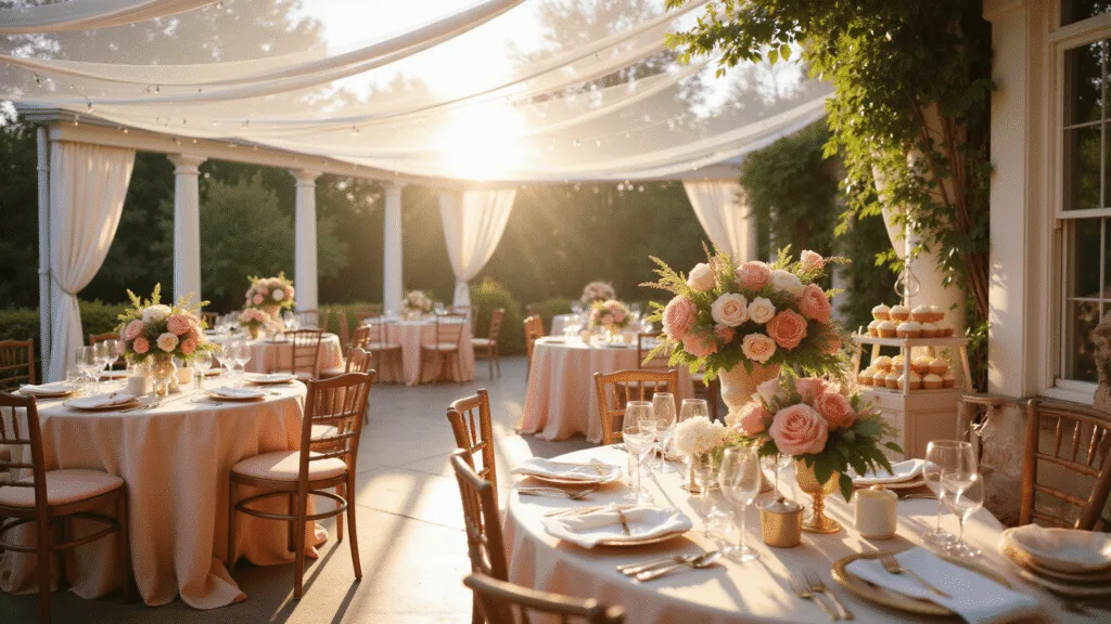 A sunlit garden terrace wedding reception featuring elegant tables with blush silk tablecloths, lush peony and ranunculus centerpieces, gold-rimmed place settings, and a vintage dessert cart, all illuminated by ethereal fairy lights and sheer white drapery.