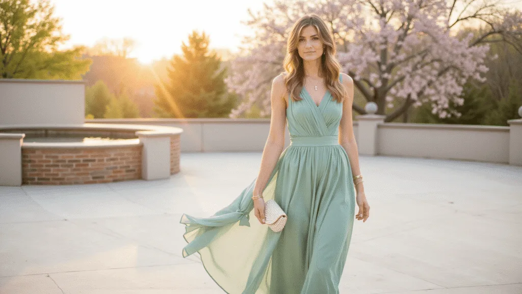 A model in a flowing sage green chiffon midi dress poses on a sun-drenched garden terrace during golden hour, adorned with minimal gold jewelry and a pearl-embellished clutch, with soft bokeh and spring blossoms in the background.