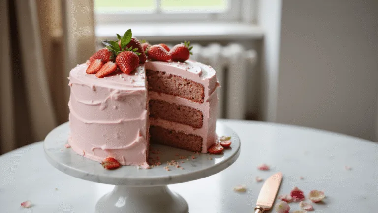 A beautifully styled three-tiered strawberry birthday cake on a marble stand, featuring pink-tinted cream cheese frosting and fresh strawberry decorations, set in a softly lit vintage kitchen.