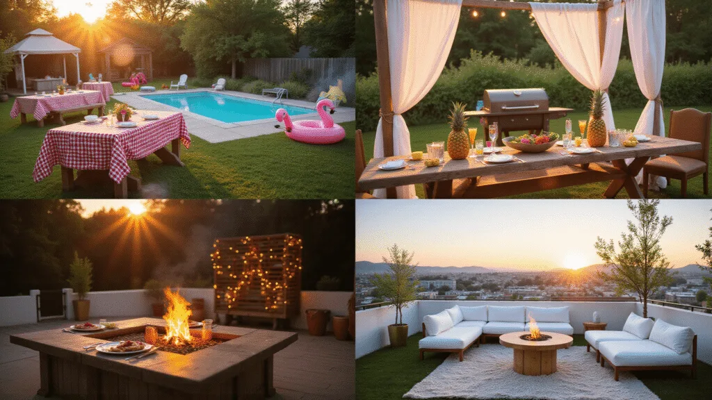 A cinematic lifestyle photo series showcasing summer birthday celebrations, including a warm backyard BBQ with rustic tables and vibrant lawn games at golden hour, a vibrant pool party with colorful inflatables and a frozen treat station, a romantic luau setup at dusk with tiki torches and fire pit, and an intimate rooftop soirée with modern decor against a twilight cityscape, all captured in high-end editorial style with rich colors and cinematic lighting.